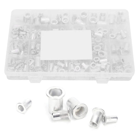 Aluminum Rivet Nut Assortment Kit, 300 pieces, threaded inserts for metal plates and tubes with SAE and metric sizes in clear box