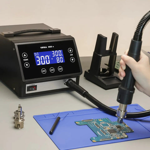 Person using Powerful 1000W Touch Screen Rework Station With Rapid Heating 212F To 932F Range on a circuit board