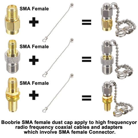 Chain Attachable SMA Dust Cap For SMA Female RF Connector, Nickel Plated Copper Protective Coax Cap, diagram showing usage