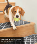 Dog on stair with Skid Resistant Carpet Stair Treads Set Of Fifteen With Moroccan Trellis Pattern In Misty Gray And Linen White