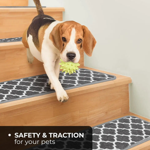 Dog on stair with Skid Resistant Carpet Stair Treads Set Of Fifteen With Moroccan Trellis Pattern In Misty Gray And Linen White