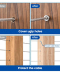 Stainless Steel T316 Protective Sleeves For One Eighth Inch Wire Rope, Cable Railing Kit, 100 Pack, shown on wood post before and after