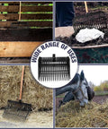 Collage of Beefy Pair Heavy Duty Horse Manure Fork Heads For 1 Inch Handles used in stable and barn settings.