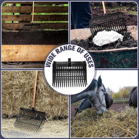 Collage of Beefy Pair Heavy Duty Horse Manure Fork Heads For 1 Inch Handles used in stable and barn settings.