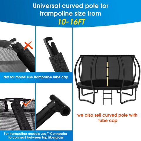 Built Tough Universal 2 Pack Trampoline Curved Enclosure Poles Compatible With 10 To 16 Ft Nets, showcasing installation details.