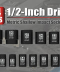 1/2 Inch Drive Metric Shallow Impact Socket Set With Cr-V Steel, 6 Point, 14 Piece, 11-32mm Sockets displayed in storage case
