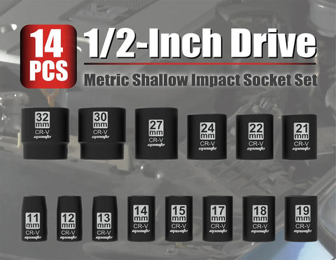 1/2 Inch Drive Metric Shallow Impact Socket Set With Cr-V Steel, 6 Point, 14 Piece, 11-32mm Sockets displayed in storage case