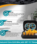 EXFEIN diamond tile drill kit in a black case with yellow core bits and two 4.5-inch diamond blades.