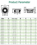 Sweet 100 Piece Black Snap-On Hole Covers 16-50mm Desk Wire Cable Grommet Kit For Tidy Vibe And Neat Hidden Cables Perfect Fit For Cabinet Panels With Integrated Elastic Clamping Feet. product parameter chart showing black snap-in cable grommet sizes and hole ranges