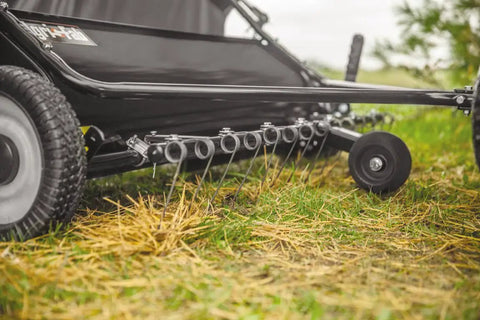 Front Mount Dethatcher Made In USA For Lawn Care, Pro Grade Thatch Removal Tool With Heavy Duty Tine Attachment, Metallic Finish