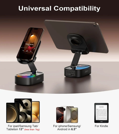 Wireless Induction Speaker Phone Stand With Bluetooth Audio Amplifier Foldable For iPhone Android And iPad displaying devices