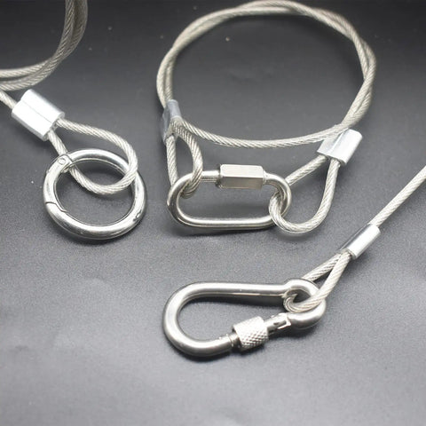 Vinyl Coated Stainless Steel Cable Lanyards With Double Loop Ends Six Inch Length Three Millimeter Wire Diameter Twenty Pack Ultra Durable Heavy Duty Safety Tethers For Tools And Outdoor Gear, shown with metal hooks on black surface.