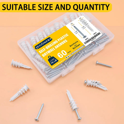 60Pcs Self Drilling Drywall Anchors And 8 Screws Heavy Duty Wall Anchors For Drywall Holds Up To 75 Lb No Pre Drill Hole Required Drywall Screws And Anchors Kit For Hanging Frames Shelves And TV shown in packaging with scattered anchors and screws