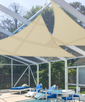 Right Triangle Sun Shade Sail 8 Ft By 8 Ft By 11 Ft Beige UV Block Canopy over patio with outdoor seating and table.
