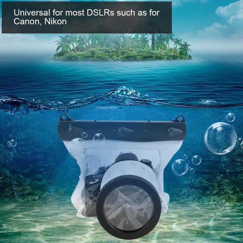 Underwater DSLR Camera Housing Case 20M Full Sealed Dive Ready Bag floating with island backdrop