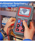 Heavy Duty Underground Cable Scanner And Wall Detector Using Smart Anti Interference Tech To Pinpoint Metal Studs Pipes And High Or Low Voltage Wires No Sweat For Pro Crews And Home Users in use, showcasing multimeter functions.