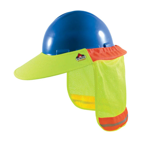 FR Treated Hi Vis Hard Hat Neck Shade With Visor Sun Shield Large Yellow Blocks Sun From Eyes Drape Back For Neck Coverage