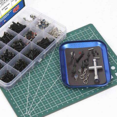 Universal RC Screw Kit 502 Pcs With Hex Button Head And Flat Head Screws Nuts Washers Grub Screws Dowels Clips O Rings E Clips Mini Socket Magnetic Screwdriver For Traxxas Axial Redcat HPI Arrma Losi 1 8 1 10 1 12 Scale on cutting mat