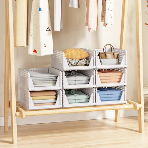 Five Pack Stackable Closet Storage Baskets Set Waterproof Foldable Organizer White filled with clothes and accessories