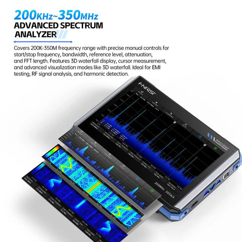 4-in-1 On-The-Go Handheld Oscilloscope With 350 MHz Bandwidth, 1 GSa/s, 2-Channel, 7 Inch Touchscreen showing spectrum analysis.