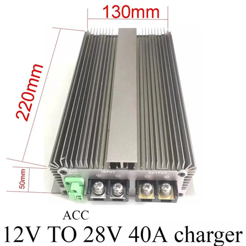 Heavy Hitter Dc Dc Boost Converter For Ev Chargers with dimensions 130mm x 220mm, aluminum body, designed for 12V to 28V conversion.