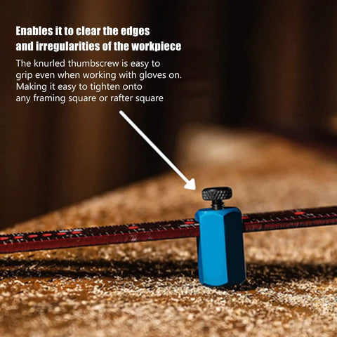 Heavy Duty Aluminum Framing Square Jig Quick Set Rafter Layout Guide Carpenter Attachment Tool Nailed It Precision No Hassle Install showing knurled thumbscrew on framing square.