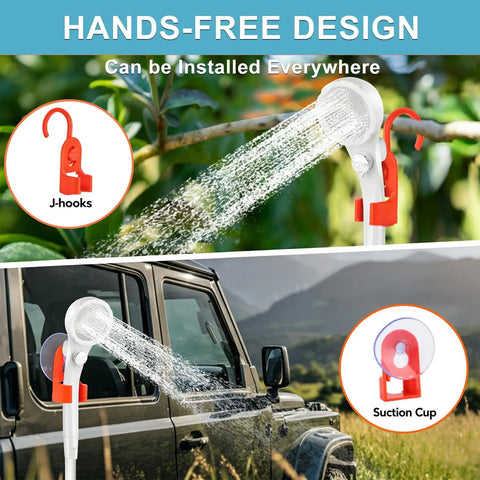 Portable Camping Shower Pump With 7800mAh Battery attached to vehicle with suction cup, water spraying, hands-free design.