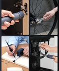 Amazon HOTO 40-piece tool kit with LED screwdriver; four-panel collage shows hinge work, bike wrench, ruler marking.