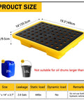 Diagram of Oil Drum Spill Containment Tray With Drain, 2.6 Gallon Capacity, showing dimensions 19.3 x 14 x 3.7 inches, yellow tray.