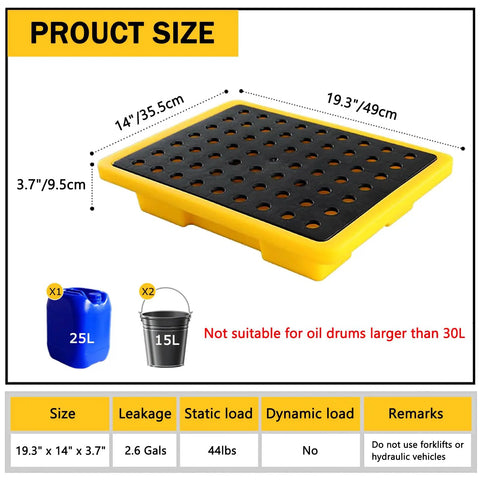 Diagram of Oil Drum Spill Containment Tray With Drain, 2.6 Gallon Capacity, showing dimensions 19.3 x 14 x 3.7 inches, yellow tray.