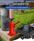 Heavy Duty 10 Ton Bottle Jack To Post Adapter With Centering Pin For 4x4 Wood Beams, red jack and black adapter in use.