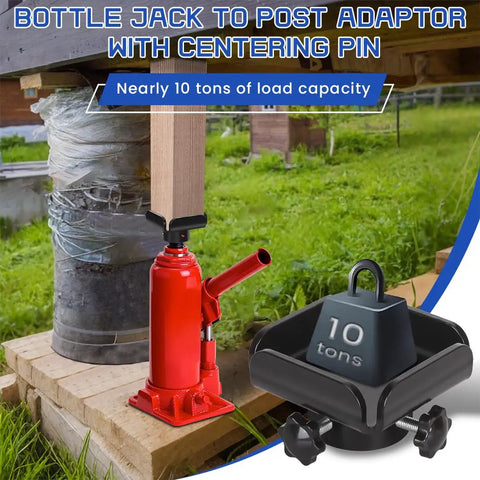 Heavy Duty 10 Ton Bottle Jack To Post Adapter With Centering Pin For 4x4 Wood Beams, red jack and black adapter in use.