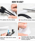Dog Proof Pet Resistant 25ft Cord Protector Sleeves, 1/2 Inch Thick Wire Cable Cover White, Snip To Size Polyethylene Wrap shown with installation steps.
