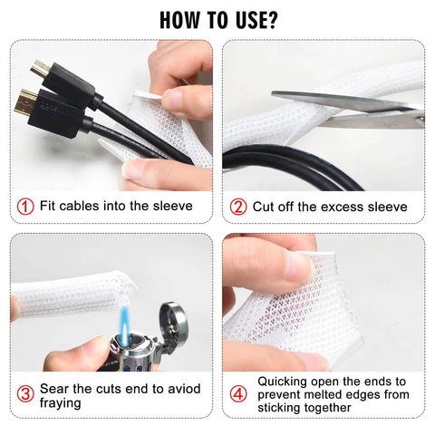 Dog Proof Pet Resistant 25ft Cord Protector Sleeves, 1/2 Inch Thick Wire Cable Cover White, Snip To Size Polyethylene Wrap shown with installation steps.