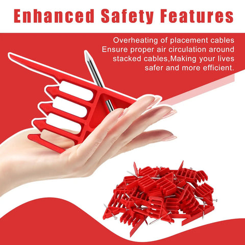 200 Pack Cable Stackers With Steel Nails For Fast And Secure Wire Management held in hand, showcasing red plastic material and safety features.