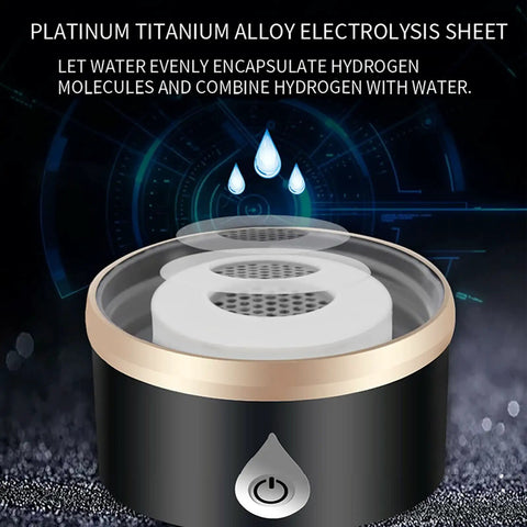 Slick Portable Hydrogen Rich Water Bottle Generator With Rapid Three Minute Electrolysis And Top Shelf Pem Tech, showing platinum titanium alloy electrolyzer.
