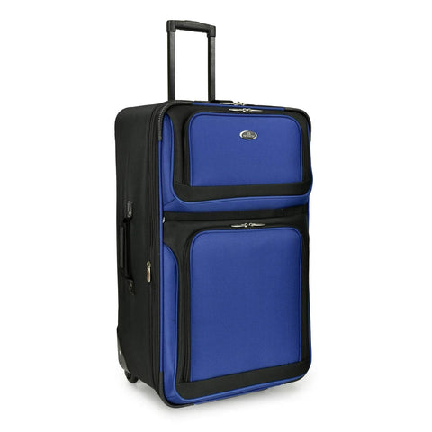 U.S. Traveler New Yorker blue expandable rolling luggage with black trim and telescoping handle
