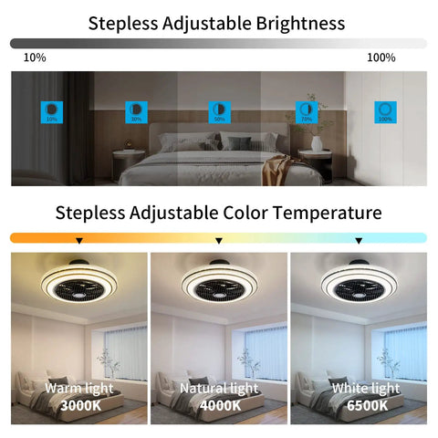 Image showing stepless dimming and color options of the enclosed 20 inch ceiling fan with lights and remote, ideal for bedroom.