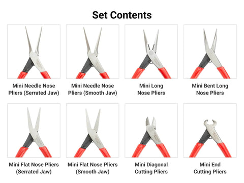 Eight Piece Mini Pliers Set For Precision Electronics And Hobby Projects Including Needle Nose Long Nose Flat Nose End Cutting Pliers With Bent Nose And Smooth Jaw Options For Tight Space Work Handy Compact Tool Kit For Quick Fixes displaying each tool's design and jaw type with red handles.