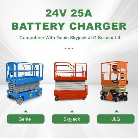 24V 25A Lead Acid Battery Charger compatible with Genie, Skyjack, JLG scissor lifts; powers forklifts, pallet jacks, floor scrubbers.