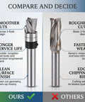 Comparison of Top Notch Spiral Flush Trim Router Bit For Plywood And MDF 3/8 Inch Diameter and basic 2-flute router bit design.