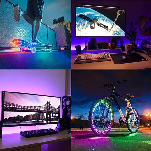 LED Strip Lights With 24 Keys Remote, Battery Powered 2 Meter Flexible Light Strip For Party Vibe And DIY Projects illuminating skateboard, desk setup, bicycle, and monitor.