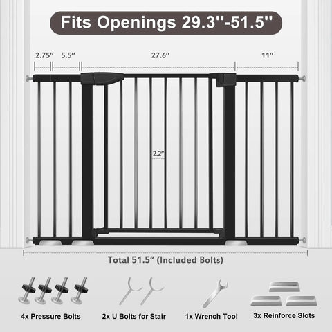 Extra Wide Baby Gate With Door For Stairs And Doorways, Pressure Mounted, Walk Through Swing Door, Adjustable From 29.3 To 51.5 Inches, 30 Inch Tall, No Tools Needed, Kid And Pup Friendly For Busy Homes, Black with accessories