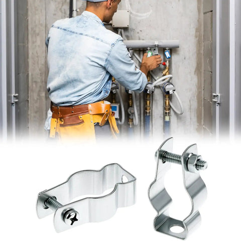 Rock Solid 3/4 Inch EMT Conduit Hangers 20 Pack With Bolts Zinc Plated Insulated Pipe Clamps installed in a job site.