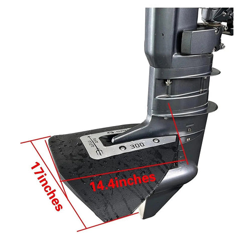 Hd300 Sport Whale Tail Hydrofoil Stabilizer for 40-350HP outboards with measurements of 14.4 x 17 inches, black finish.