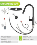 What's in the box of Touchless Kitchen Faucet With Pull Down Sprayer Matte Black Finish Motion Sensor High Arc Spout 1.8 GPM Flow Battery Powered Easy Install For 2, 3, Or 4 Hole Setups Single Handle