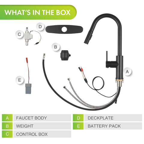 What's in the box of Touchless Kitchen Faucet With Pull Down Sprayer Matte Black Finish Motion Sensor High Arc Spout 1.8 GPM Flow Battery Powered Easy Install For 2, 3, Or 4 Hole Setups Single Handle