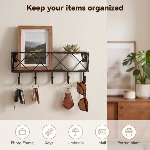 Wall Mounted Key Holder With Five Hooks And Metal Wire Mesh Mail Basket, Entryway Organizer For Keys, Mail, And Small Stuff