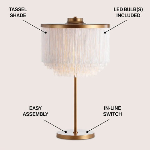 Gold Two Light Fringed Metal LED Table Lamp With White Tassel Shade, Contemporary Glam Desk Light, easy assembly, LED included