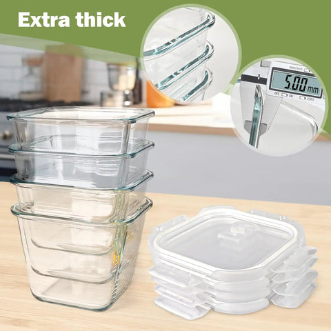 Stacked 32 Oz Borosilicate Glass Food Storage Containers With Lids Pack Of 4, Leakproof Microwave Safe Freezer Safe Square Meal Prep Jars